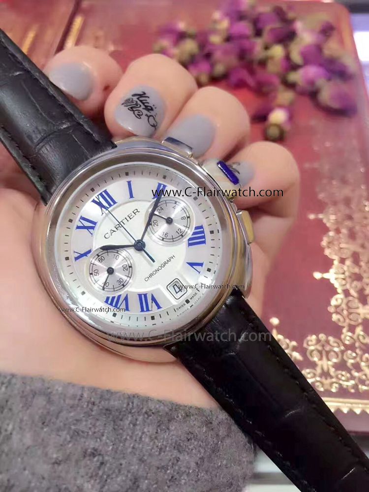 CLE DE Cartier Chronograph watch Copy SS Roman Markers